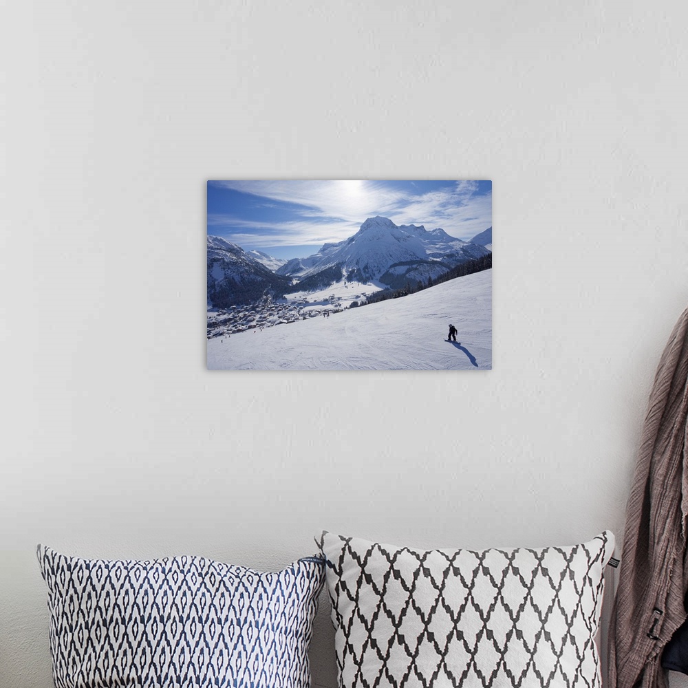 A bohemian room featuring Snow-boarder on piste at Lech, Austrian Alps, Austria