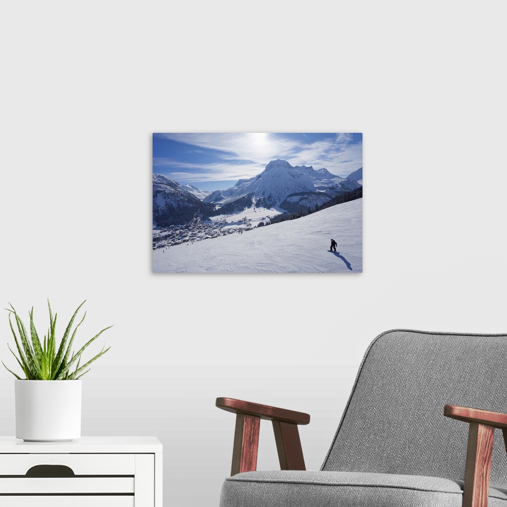 A modern room featuring Snow-boarder on piste at Lech, Austrian Alps, Austria