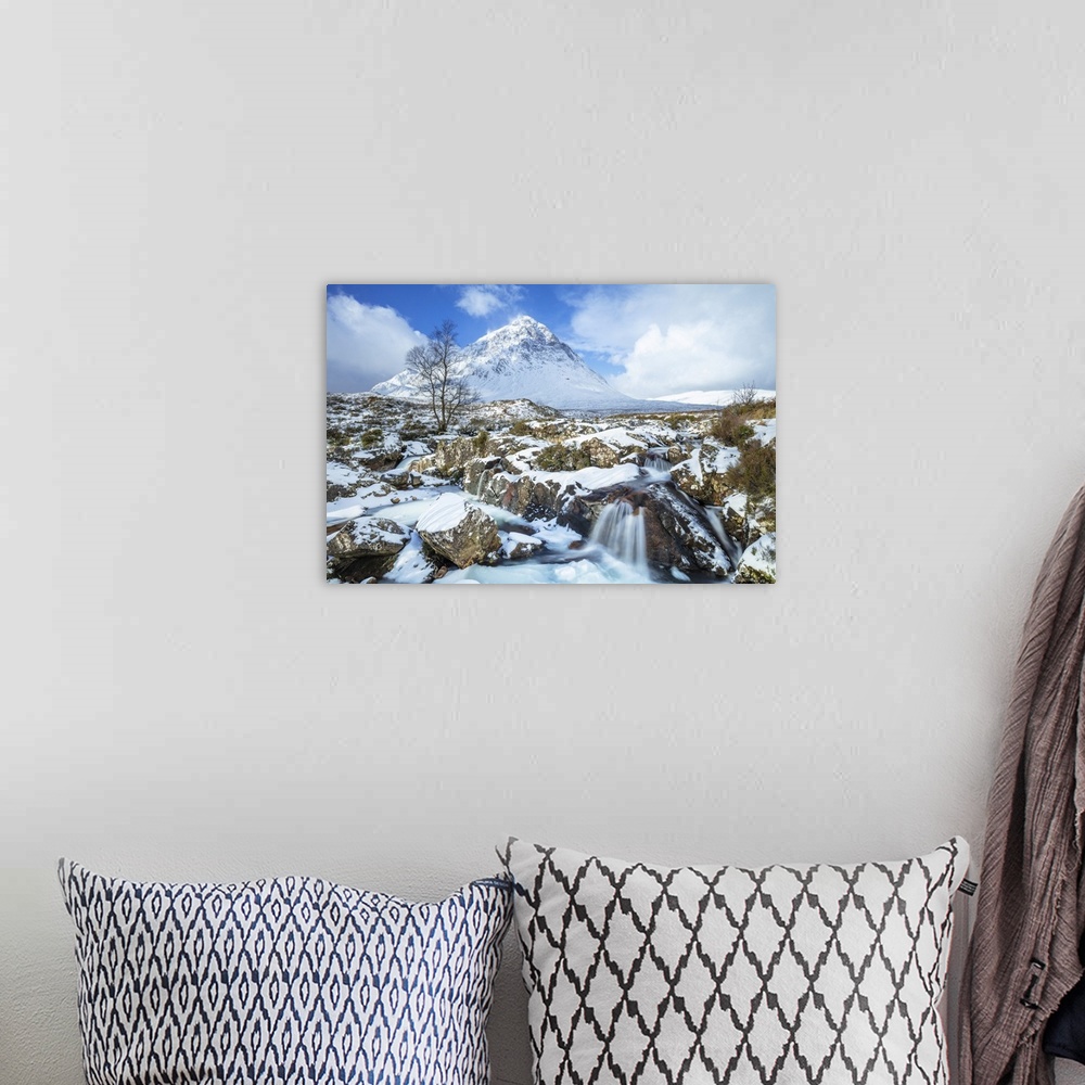 A bohemian room featuring Snow covered Buachaille Etive Mor and the River Coupall, Glen Etive, Rannoch Moor, Glencoe, Scott...