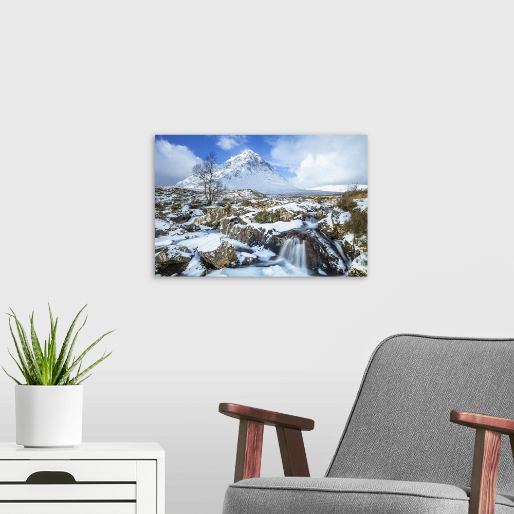 A modern room featuring Snow covered Buachaille Etive Mor and the River Coupall, Glen Etive, Rannoch Moor, Glencoe, Scott...