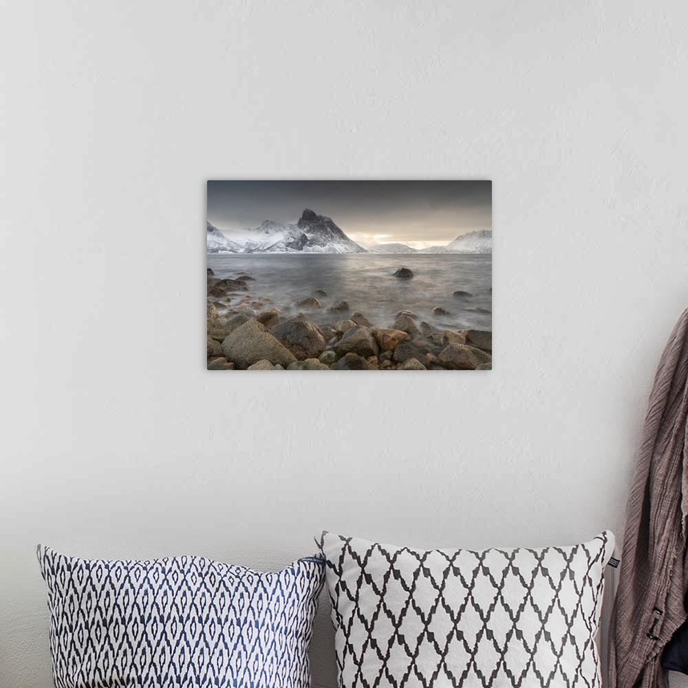 A bohemian room featuring Snow covered mountains near to Stonglandseidet on the island of Senja, Troms og Finnmark, Norway,...