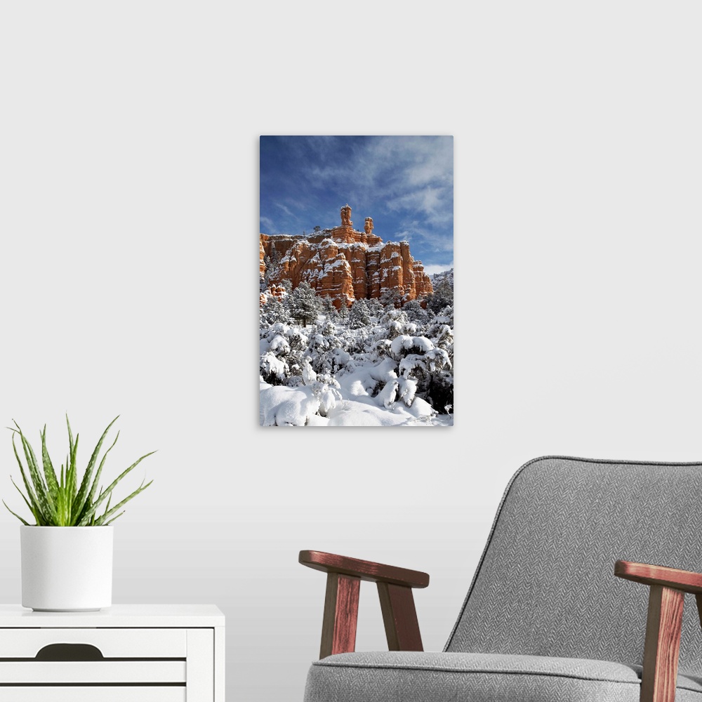 A modern room featuring Snow-covered red rock formations, Dixie National Forest, Utah