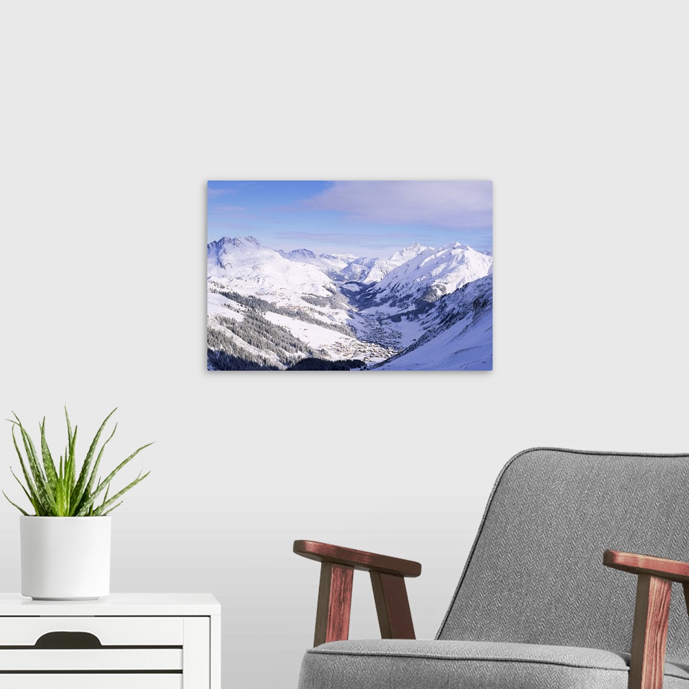 A modern room featuring Snow-covered valley and ski resort town of Lech, Austrian Alps, Lech, Arlberg, Austria
