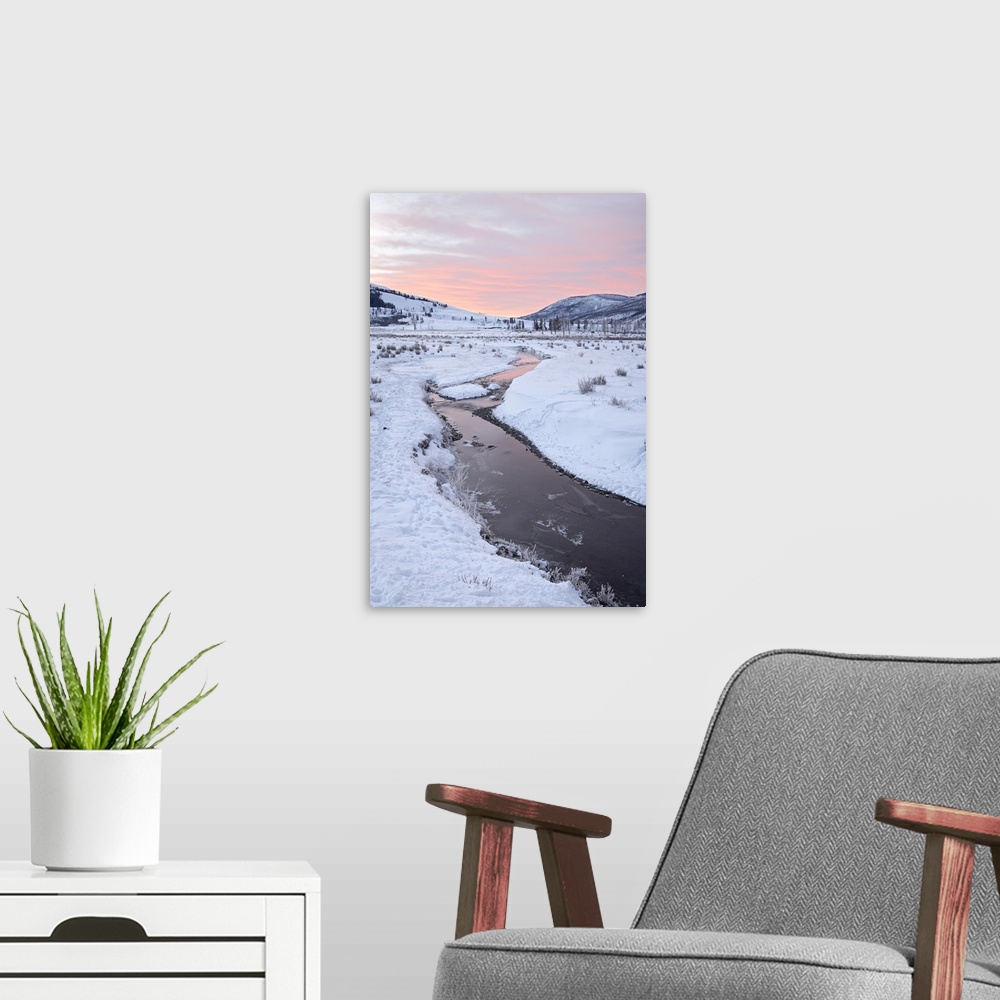 A modern room featuring Soda Butte Creek at dawn with snow, Yellowstone National Park, Wyoming, USA