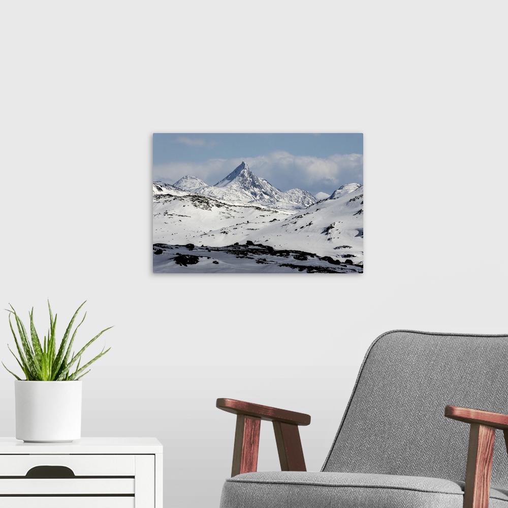 A modern room featuring Sognefjell mountains, above Skjolden, Norway, Scandinavia, Europe