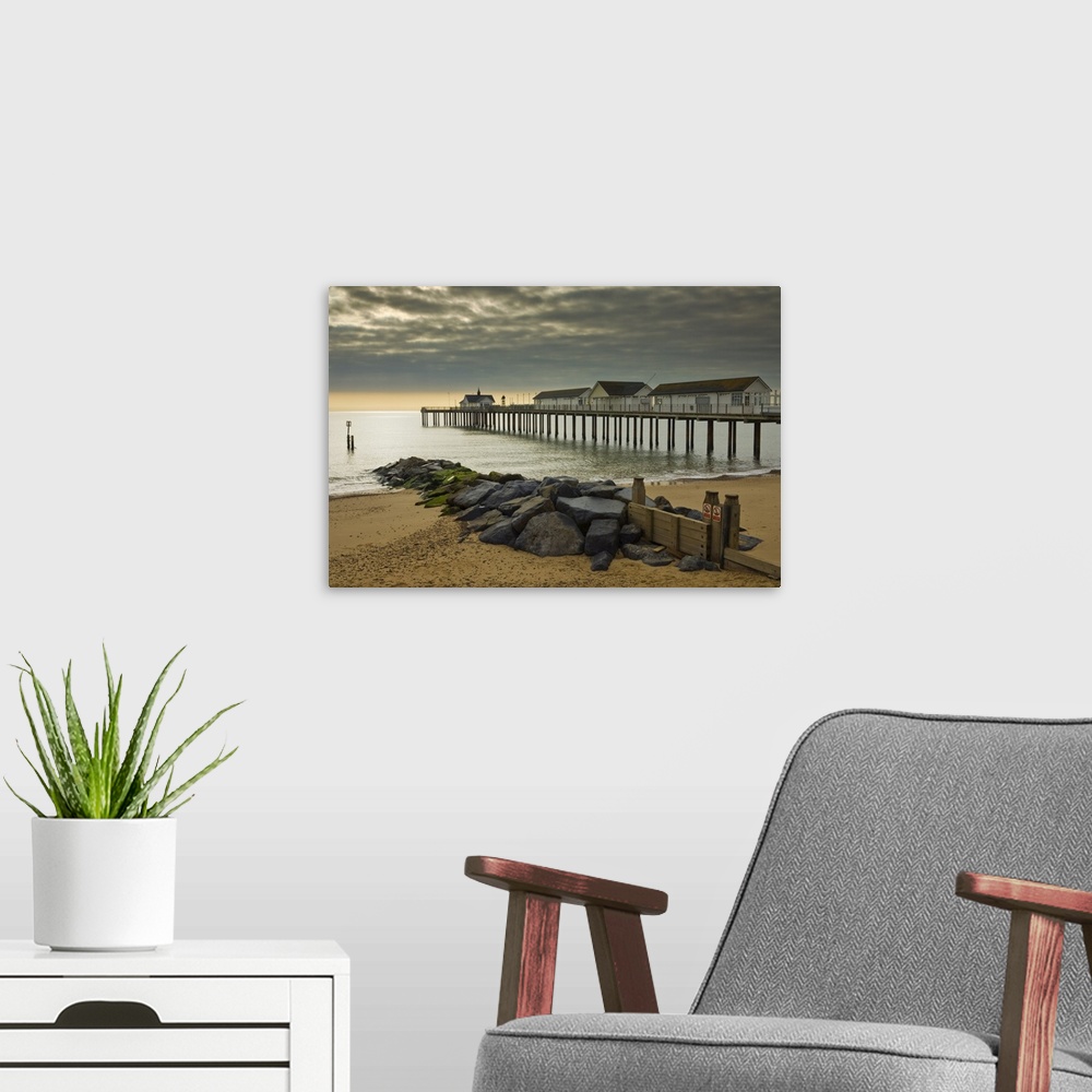 A modern room featuring Southwold pier in the early morning, Southwold, Suffolk, England