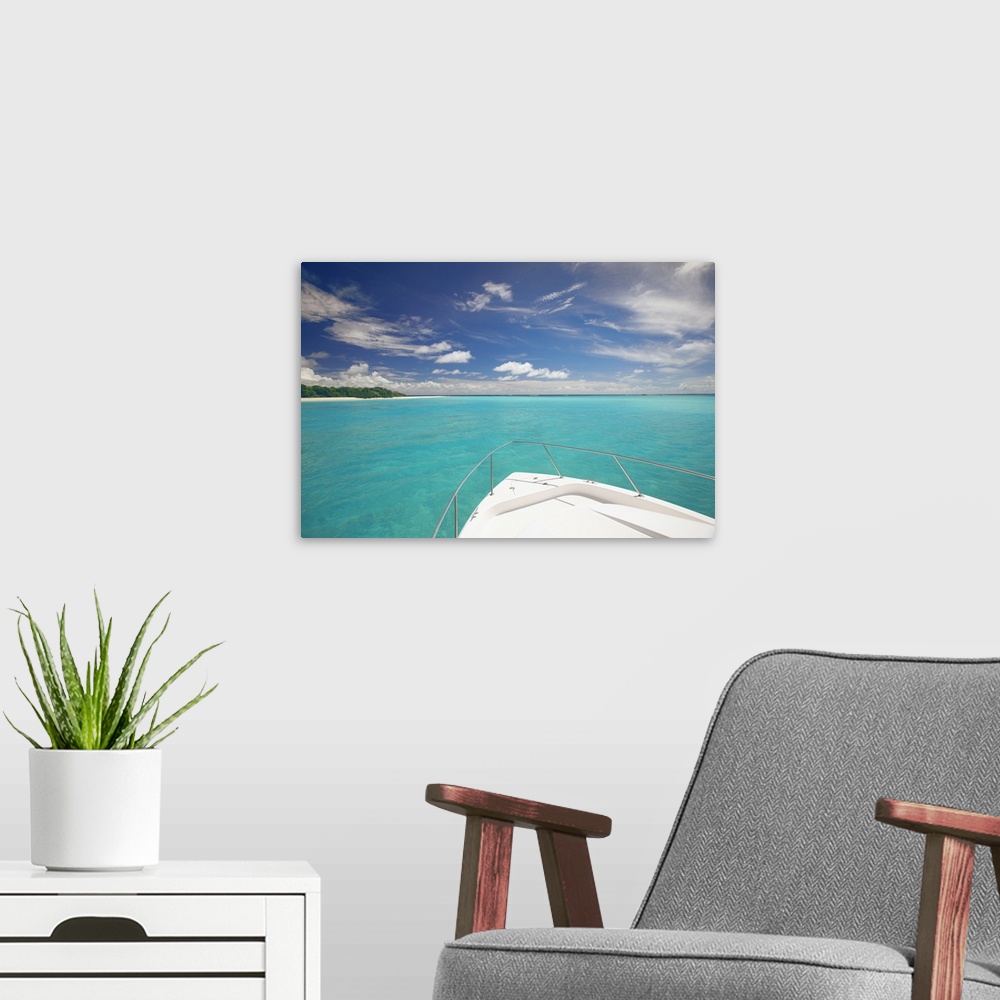 A modern room featuring Speedboat arriving in Tropical beach, Maldives, Indian Ocean, Asia