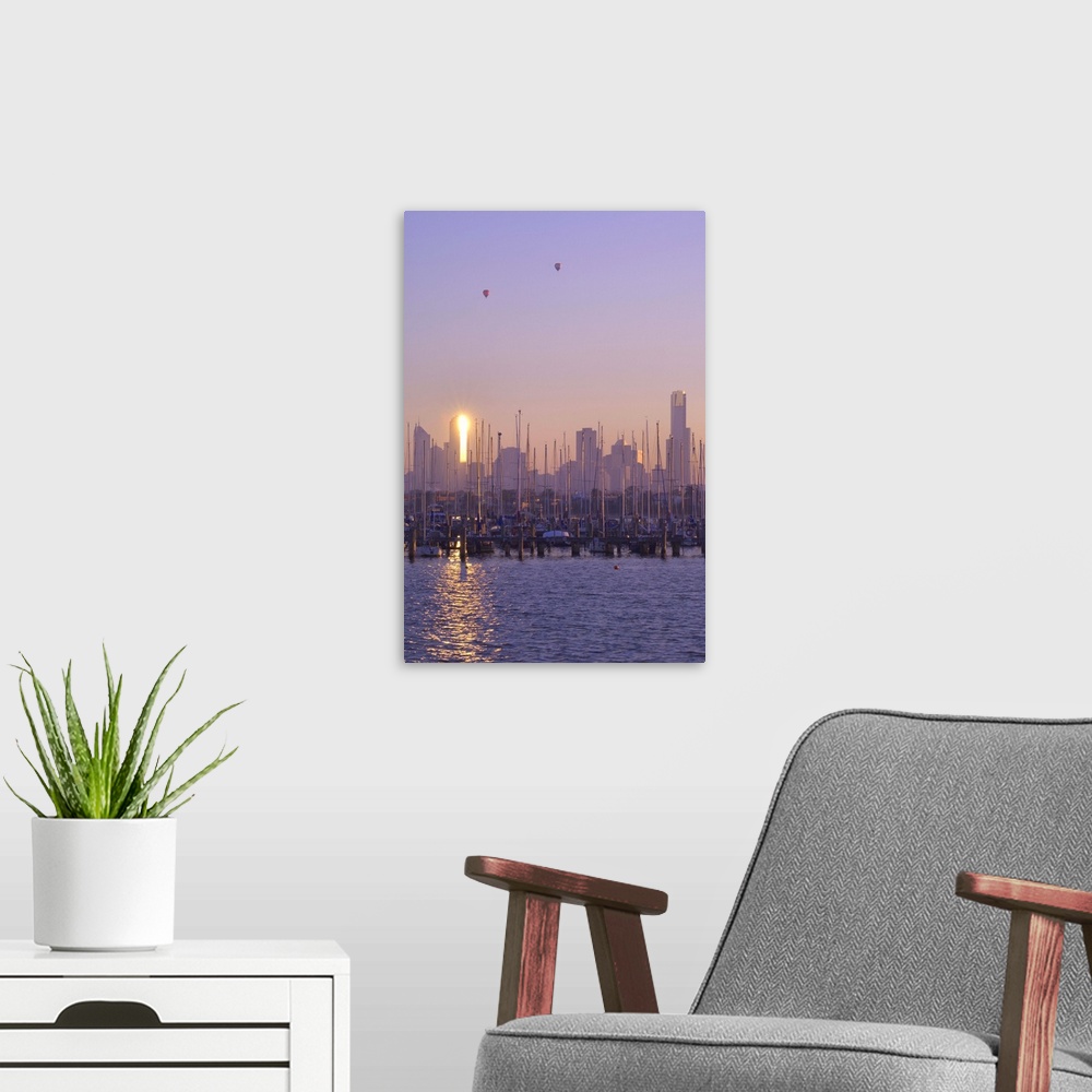 A modern room featuring St. Kilda Harbour and Melbourne skyline, Melbourne, Victoria, Australia, Pacific