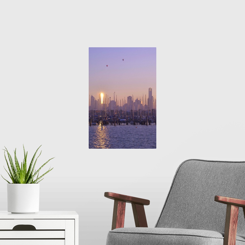 A modern room featuring St. Kilda Harbour and Melbourne skyline, Melbourne, Victoria, Australia, Pacific