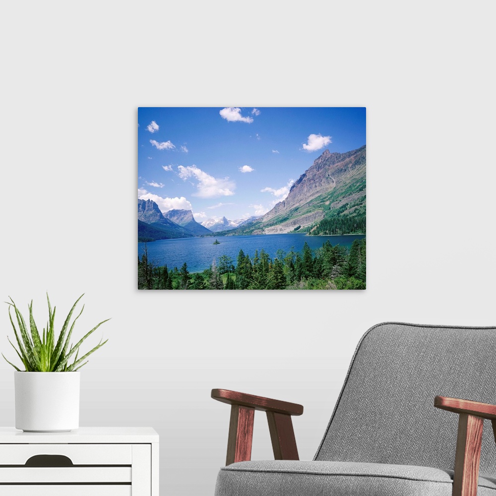 A modern room featuring St. Mary Lake and Wild Goose Island, Glacier National Park, Rocky Mountains, Montana