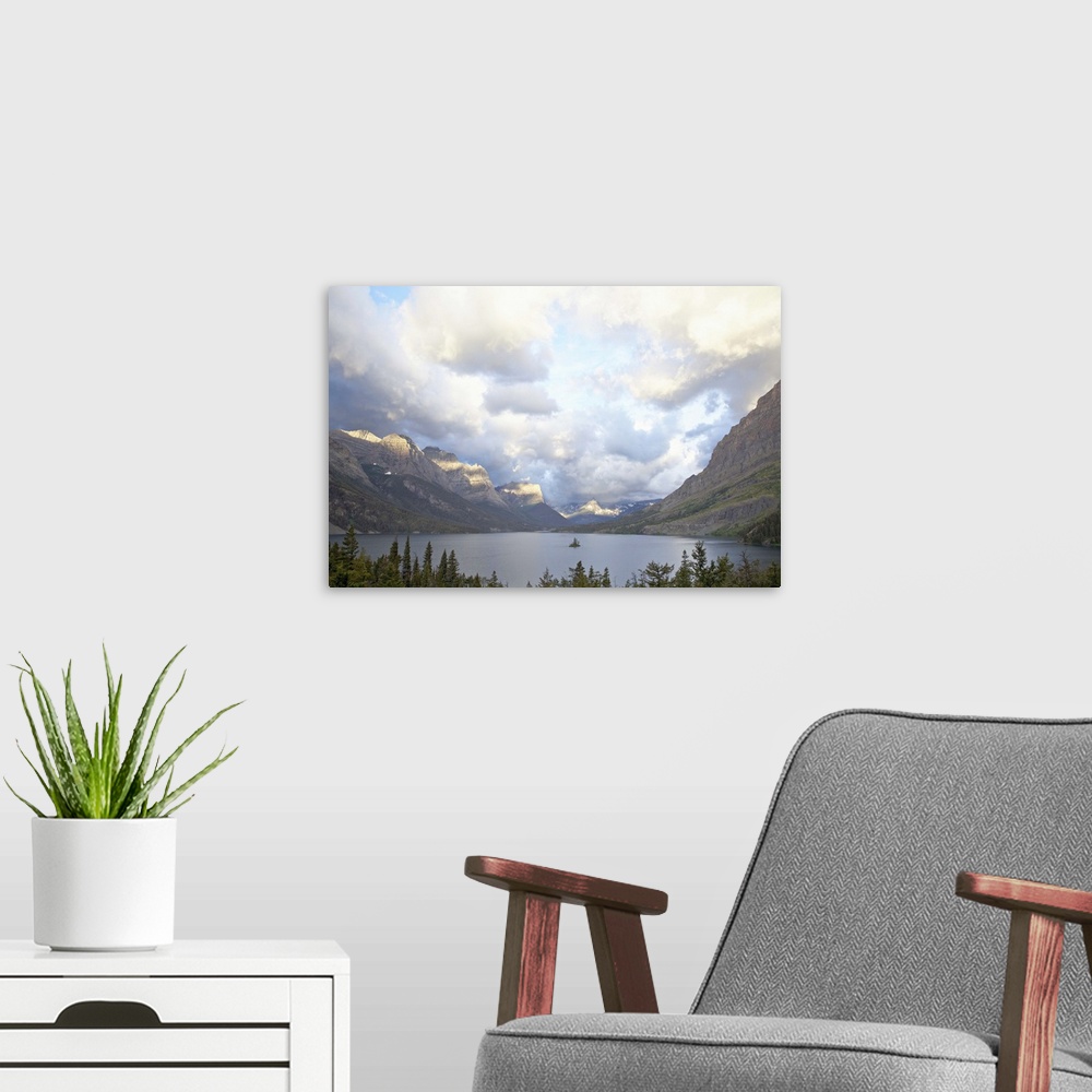 A modern room featuring St. Mary Lake and Wild Goose Island on a cloudy morning, Glacier National Park, Montana