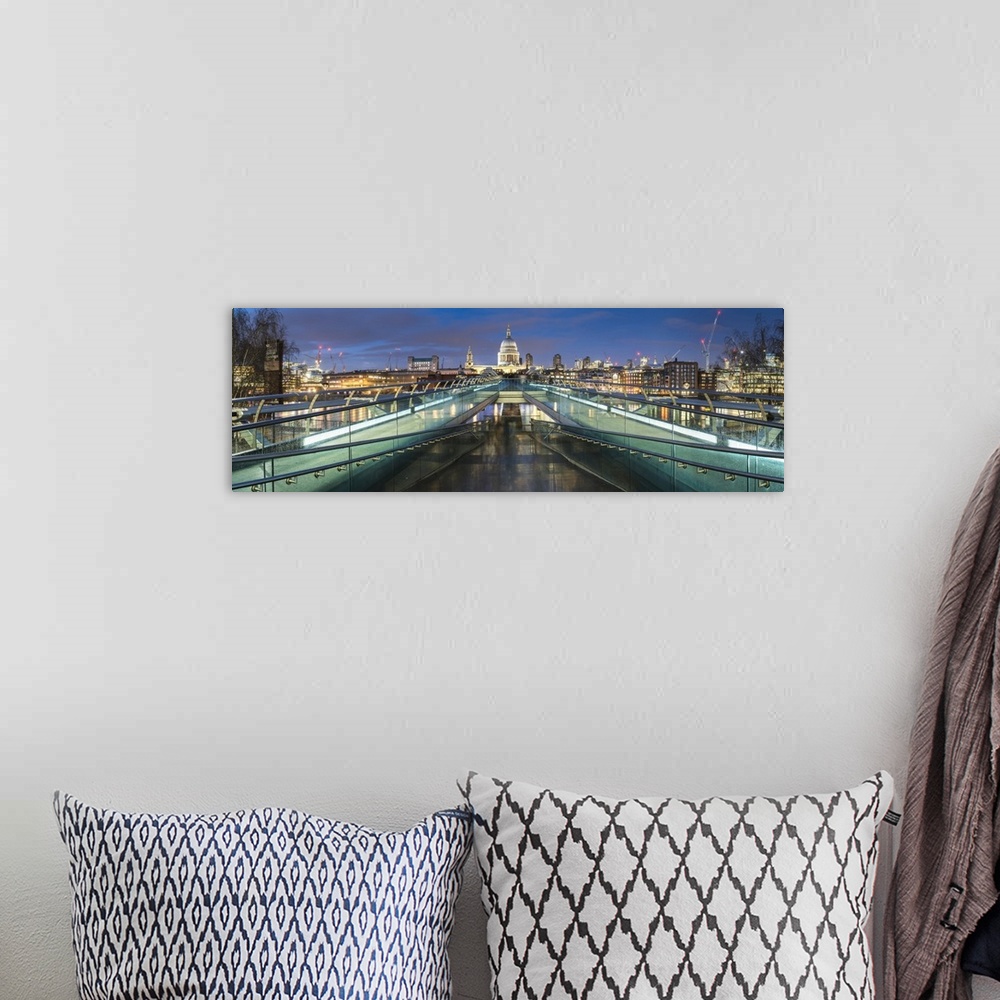 A bohemian room featuring St. Pauls Cathedral at night, seen across Millennium Bridge, City of London, London, England, Uni...