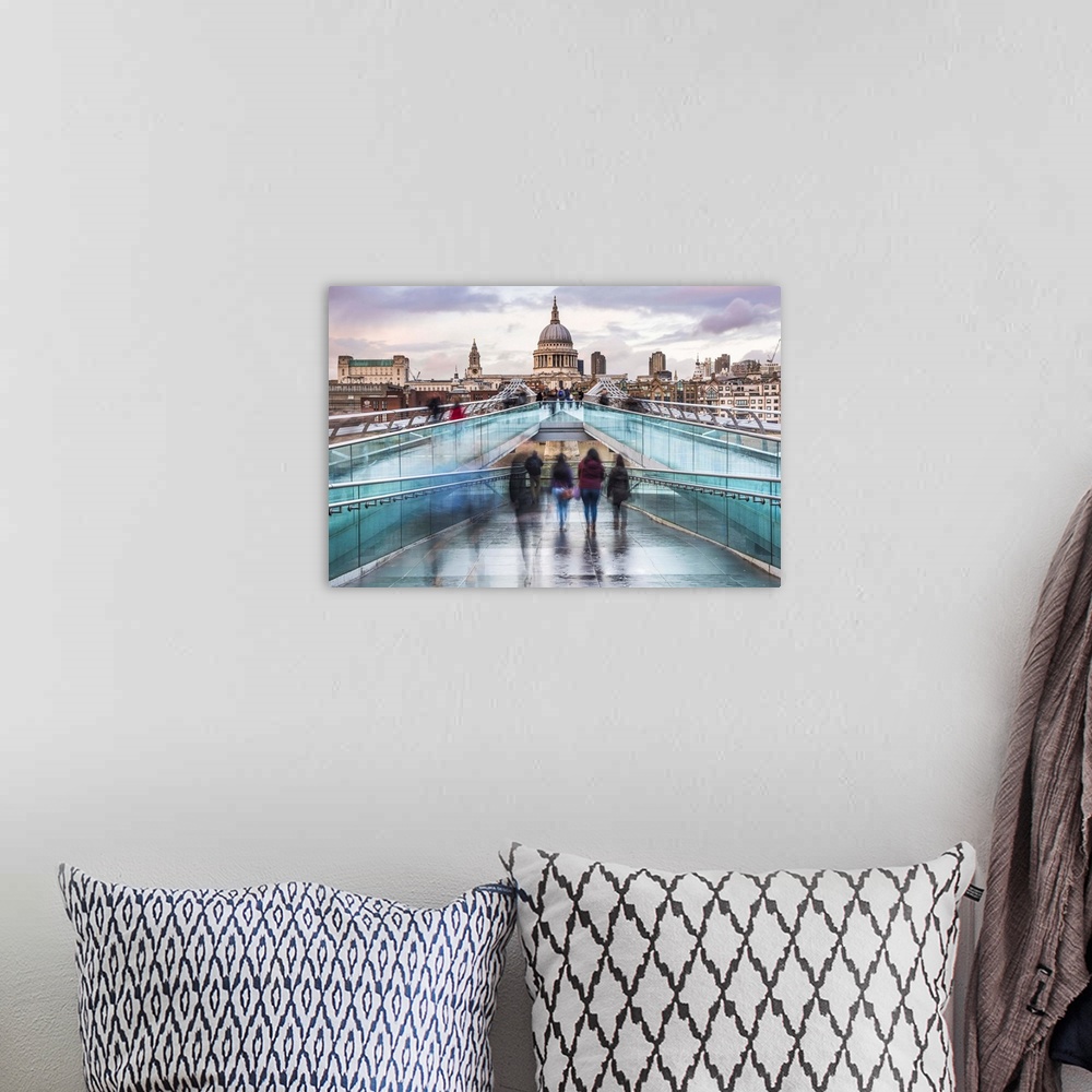A bohemian room featuring St. Pauls Cathedral at sunset, seen across Millennium Bridge, City of London, London, England, Un...