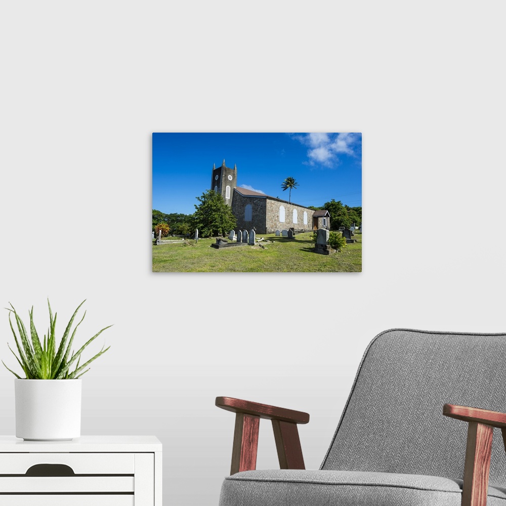 A modern room featuring St. Peter's Anglican church, Montserrat, British Overseas Territory, West Indies, Caribbean