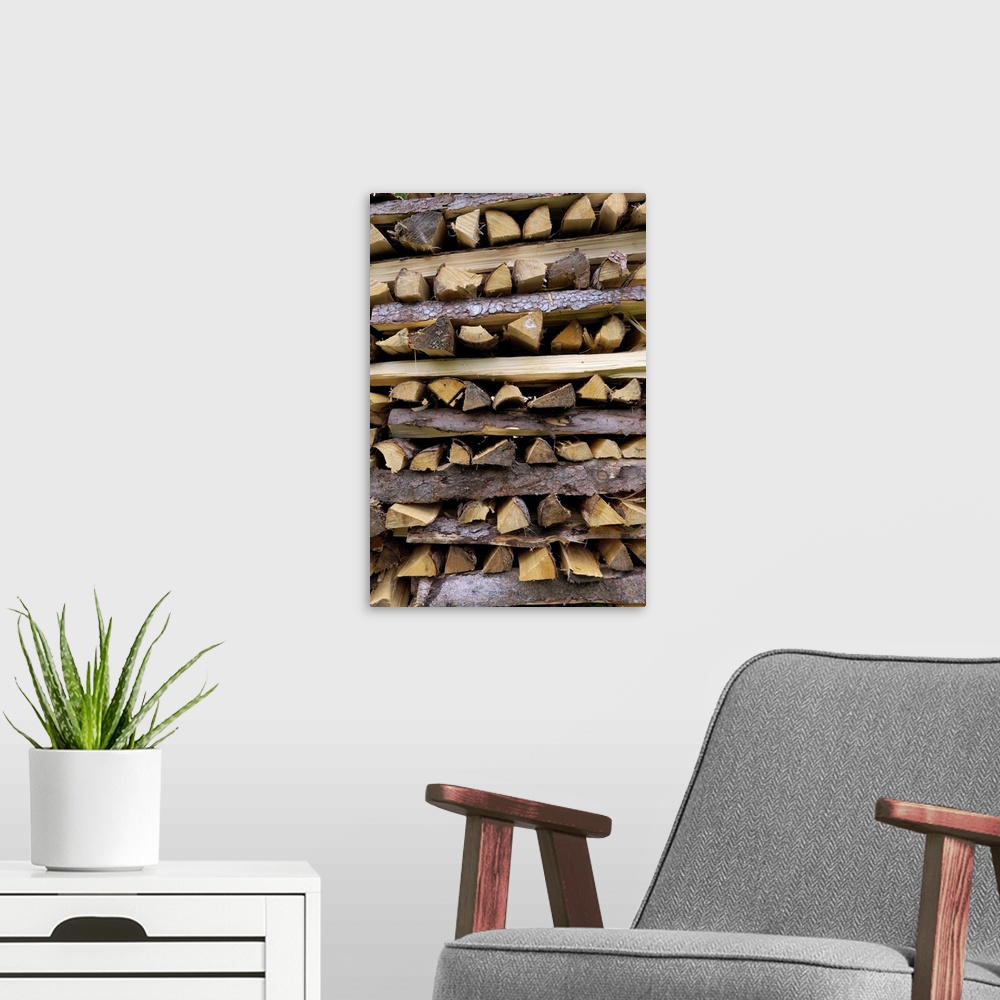 A modern room featuring Stack of firewood typical of the Alps, Austria