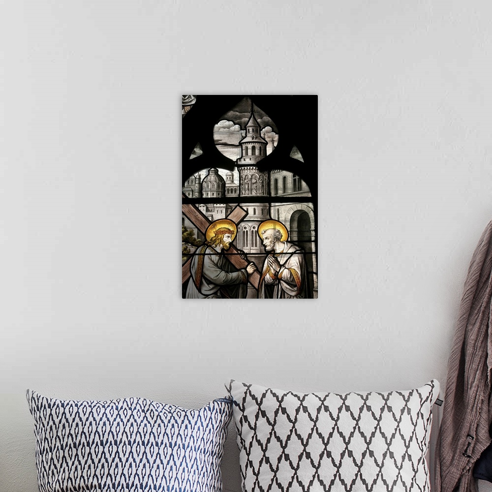 A bohemian room featuring Stained glass window depicting Jesus and St. Peter, France