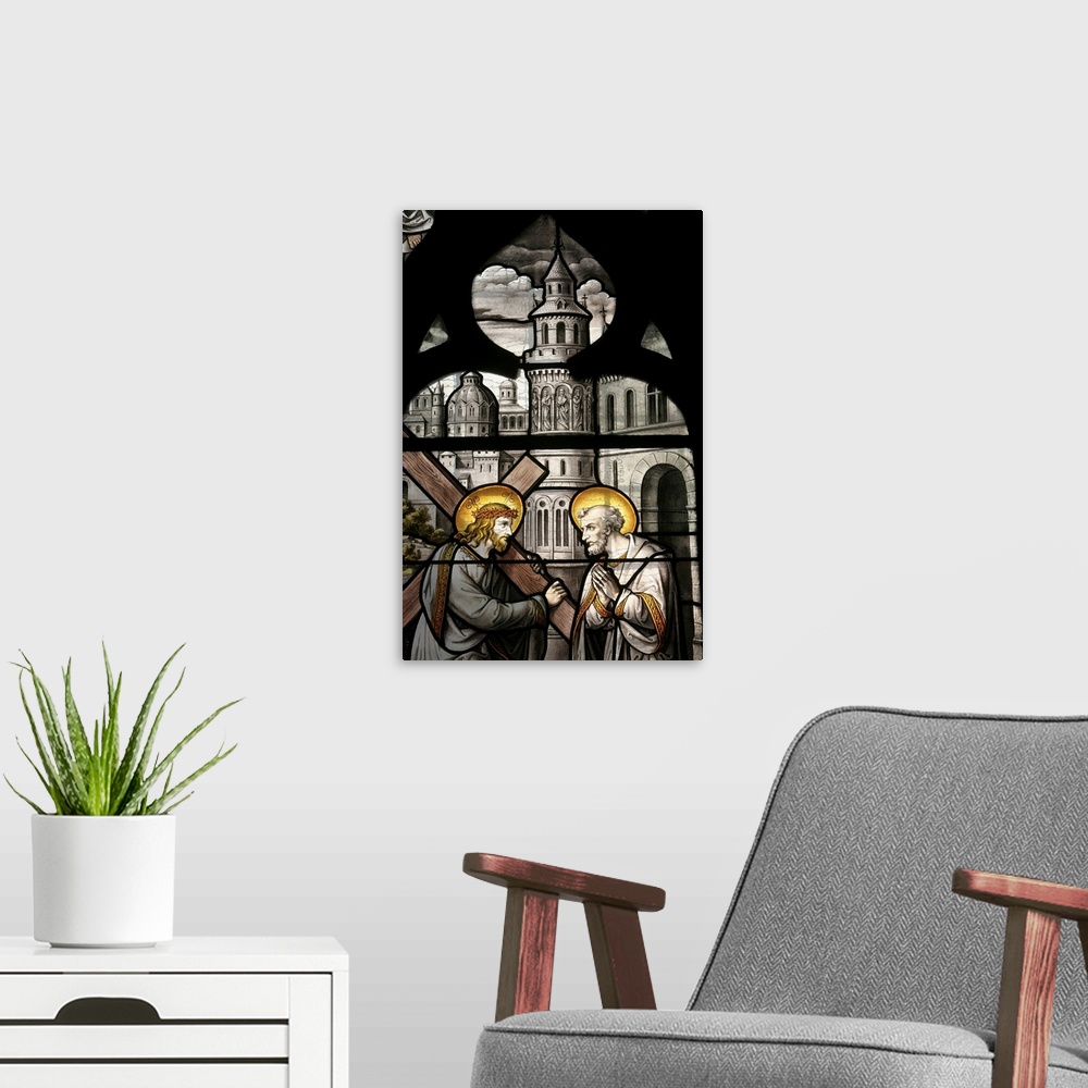 A modern room featuring Stained glass window depicting Jesus and St. Peter, France