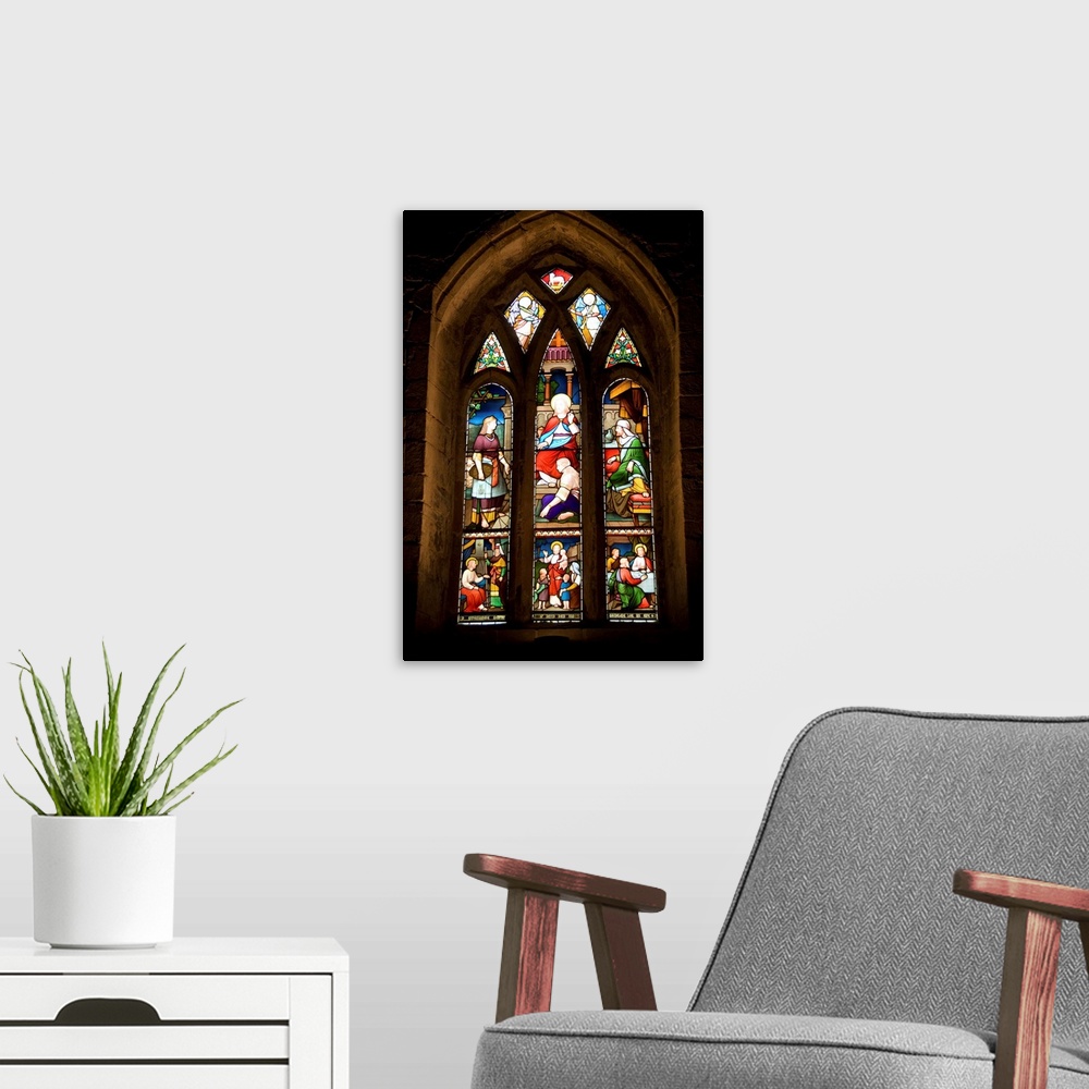 A modern room featuring Stained glass windows, Dunfermline Abbey, Dunfermline, Fife, Scotland, UK