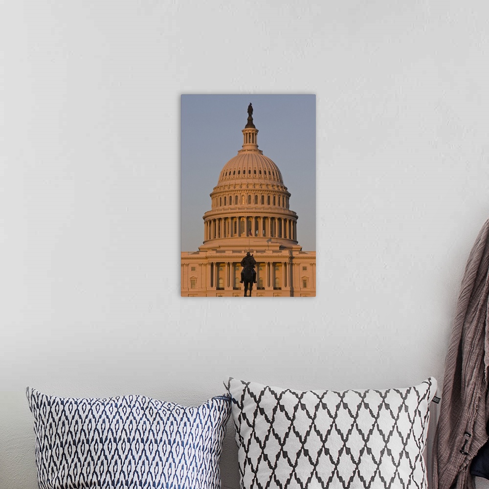 A bohemian room featuring Statue in front of the dome of the U.S. Capitol Building, evening light, Washington D.C