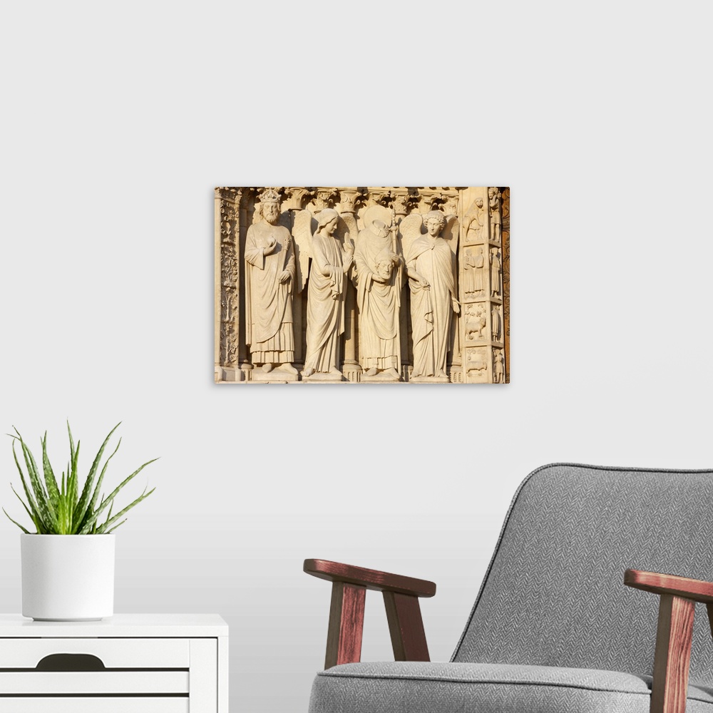 A modern room featuring Statues including the Emperor Constantine and St. Denis carrying his head, Virgin's Gate, west fr...