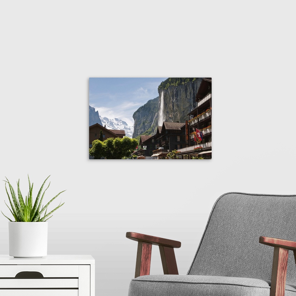 A modern room featuring Staubbach Falls in Lauterbrunnen, Jungfrau Region, Switzerland, Europe