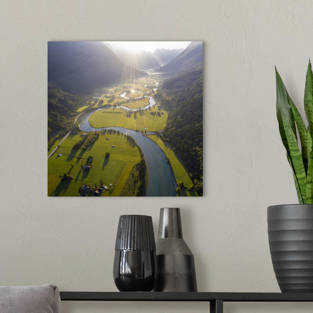 A modern room featuring Aerial panoramic of Stryneelva river and fields during a misty sunrise, Stryn, Nordfjorden, Sogn ...