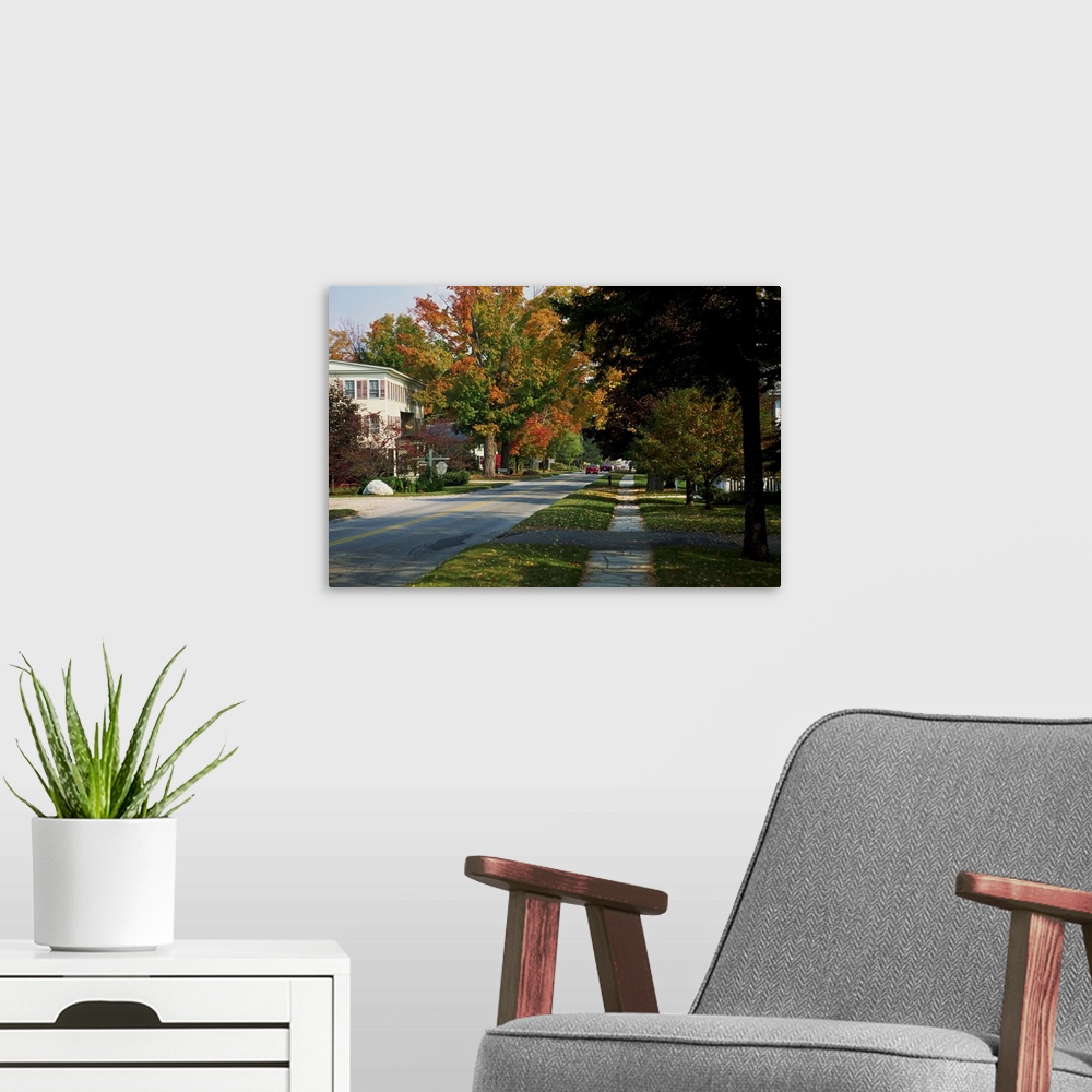 A modern room featuring Suburban street scene in the autumn, Manchester, Vermont, New England, USA
