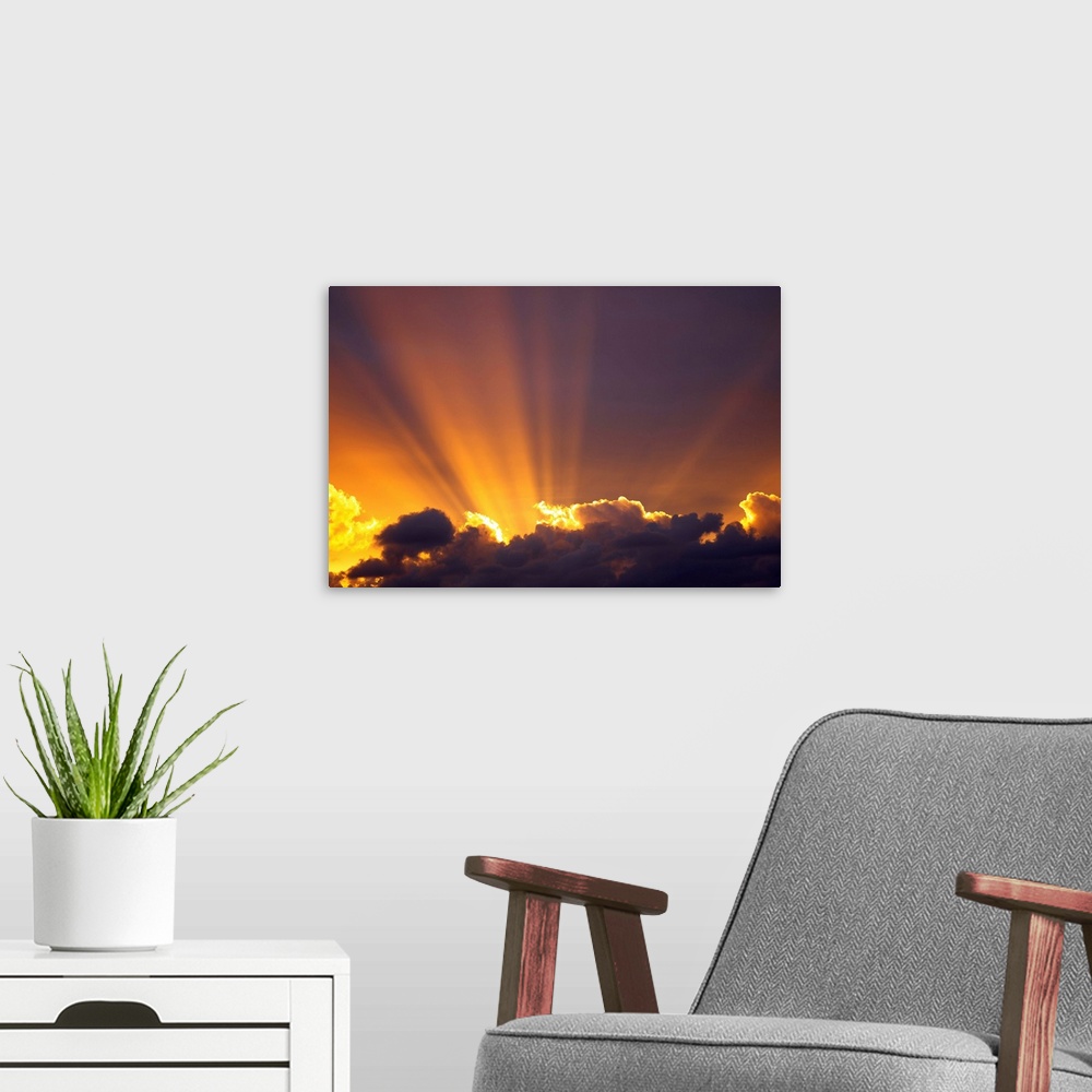 A modern room featuring Sun beams through stormy sky, Sydney, New South Wales, Australia, Pacific