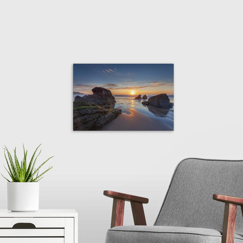 A modern room featuring Sun setting over Sango Bay beach in mid-summer, Durness, Highlands, Scotland, United Kingdom, Europe