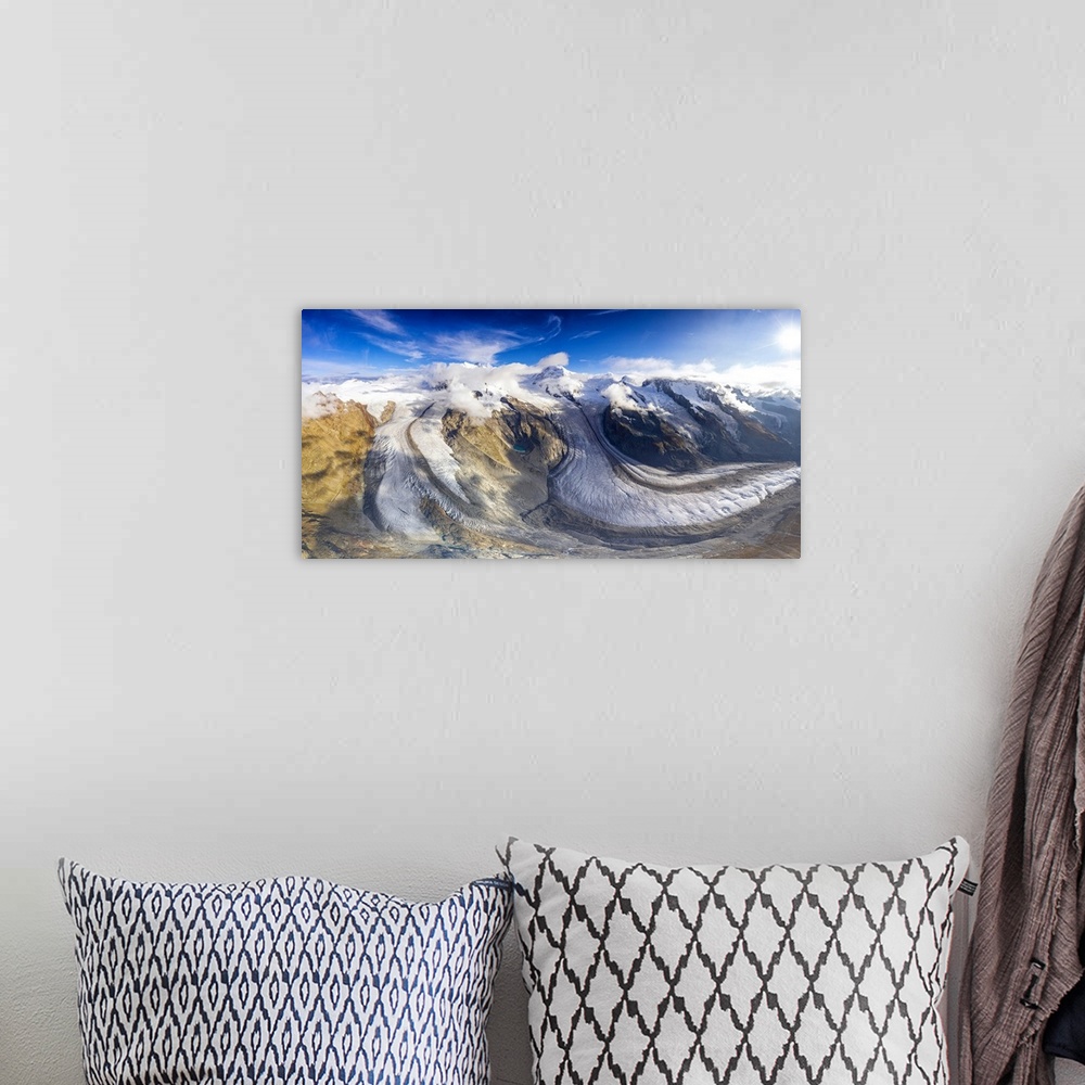 A bohemian room featuring Sunny clear sky over Gorner Glacier (Gornergletscher), aerial view, Zermatt, canton of Valais, Sw...