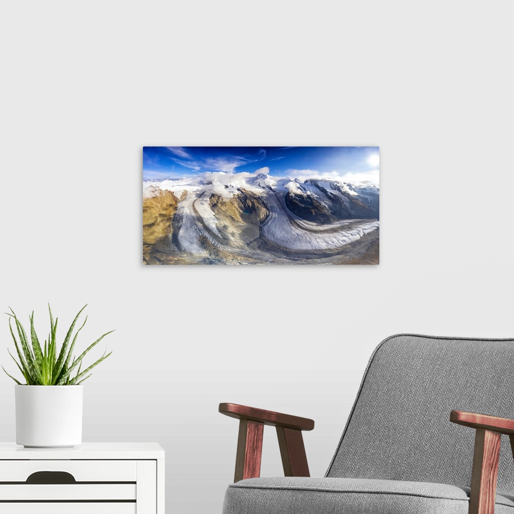 A modern room featuring Sunny clear sky over Gorner Glacier (Gornergletscher), aerial view, Zermatt, canton of Valais, Sw...