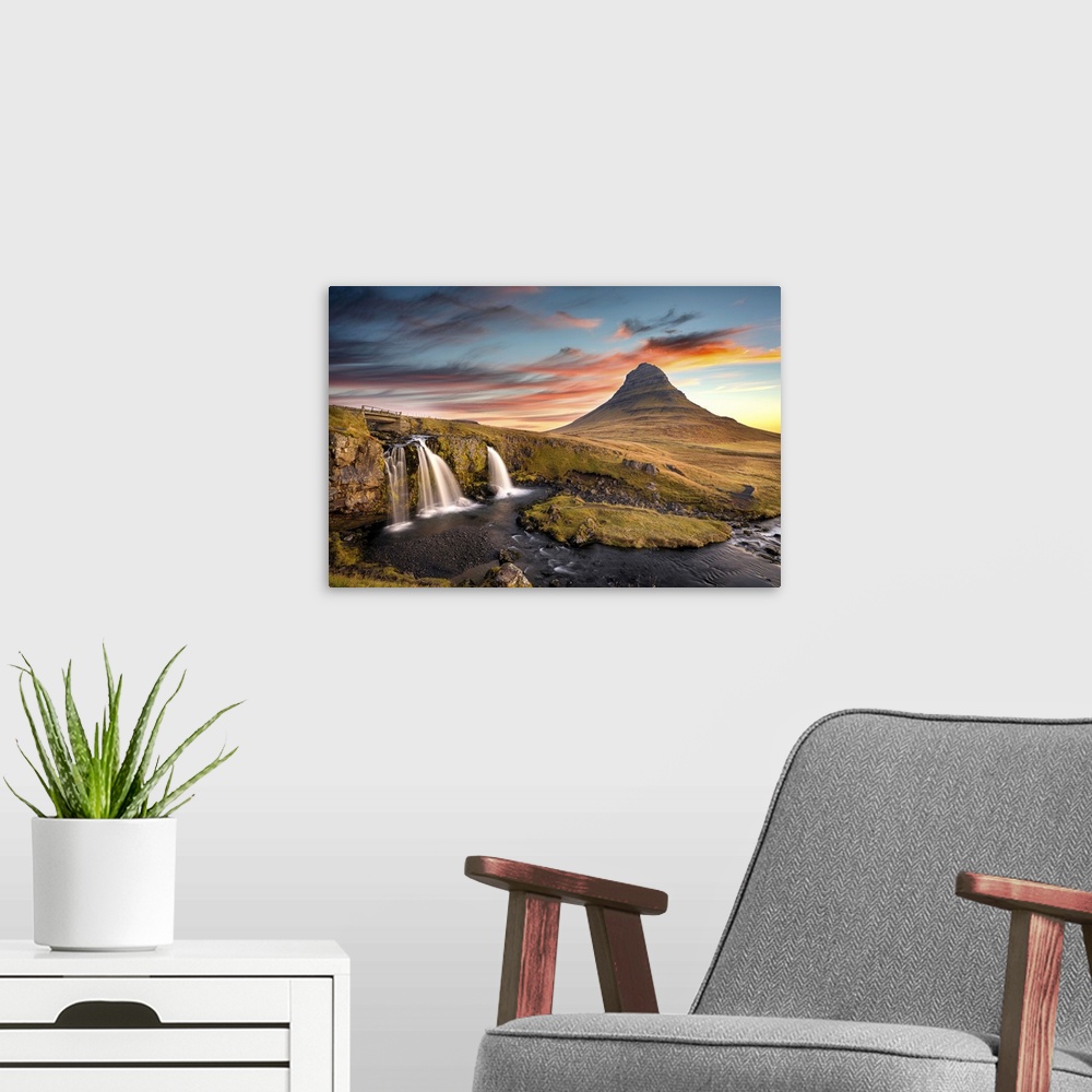 A modern room featuring Sunrise at Kirkjufell Mountain overlooking a small waterfall, Iceland, Polar Regions