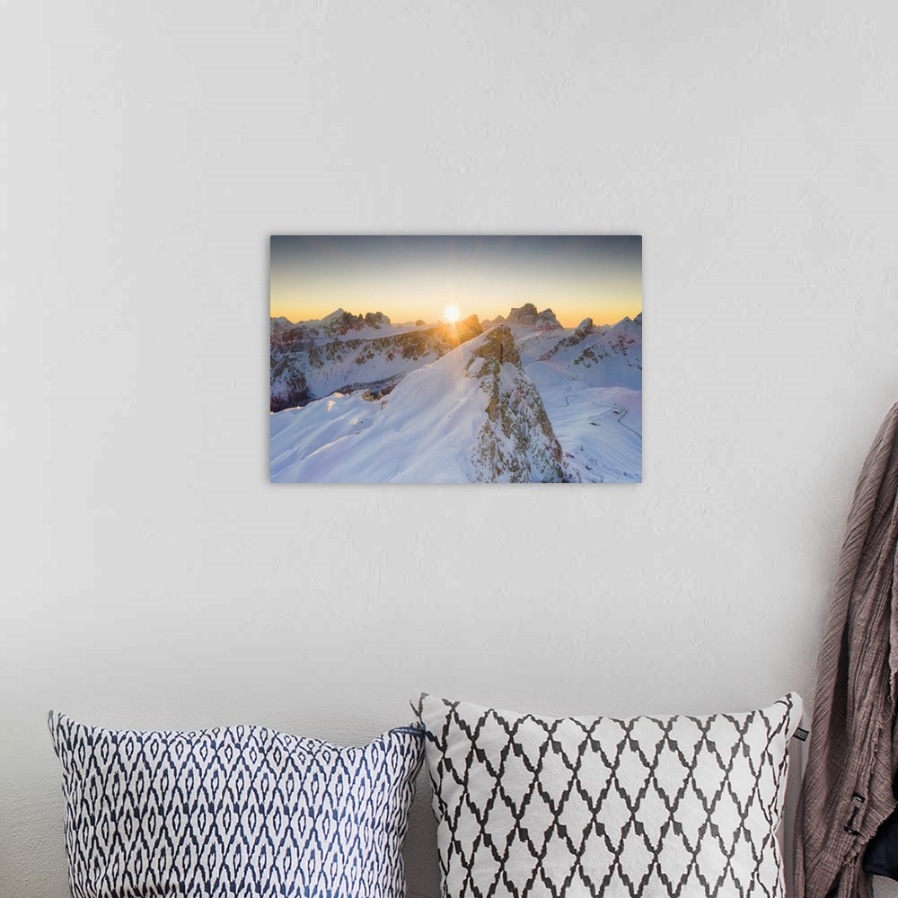 A bohemian room featuring Sunrise on Ra Gusela, Lastoi De Formin and Monte Pelmo covered with snow, Giau Pass, Dolomites, B...
