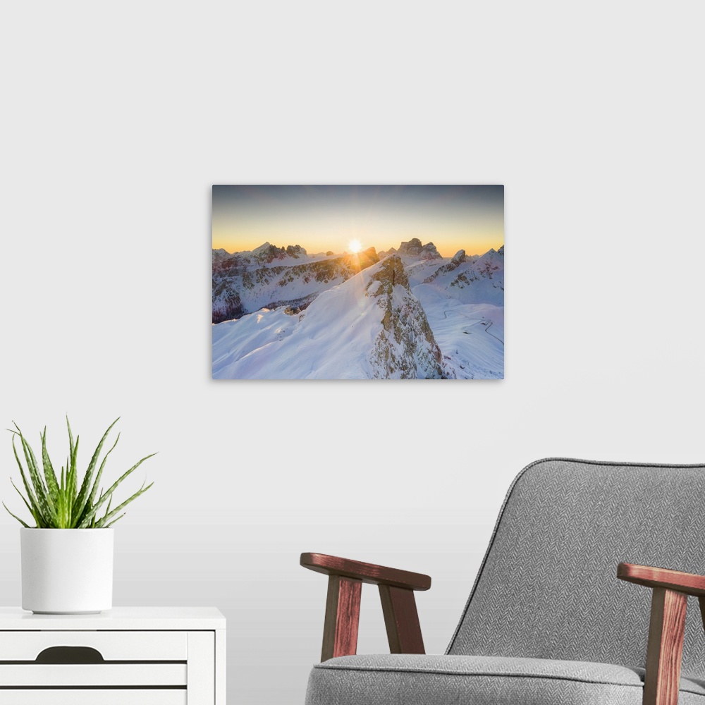 A modern room featuring Sunrise on Ra Gusela, Lastoi De Formin and Monte Pelmo covered with snow, Giau Pass, Dolomites, B...