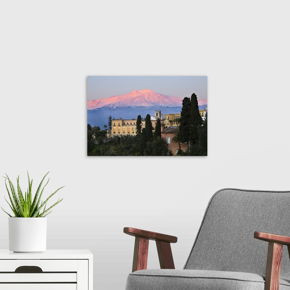 A modern room featuring Sunrise over Taormina and Mount Etna, Taormina, Sicily, Italy