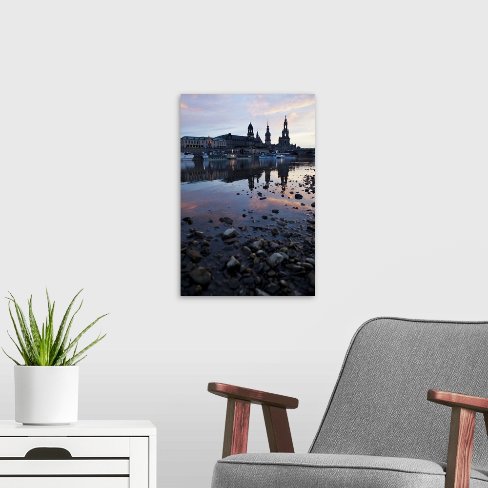 A modern room featuring Sunrise over the Elbe river with Dresden in the background, Saxony, Germany, Europe