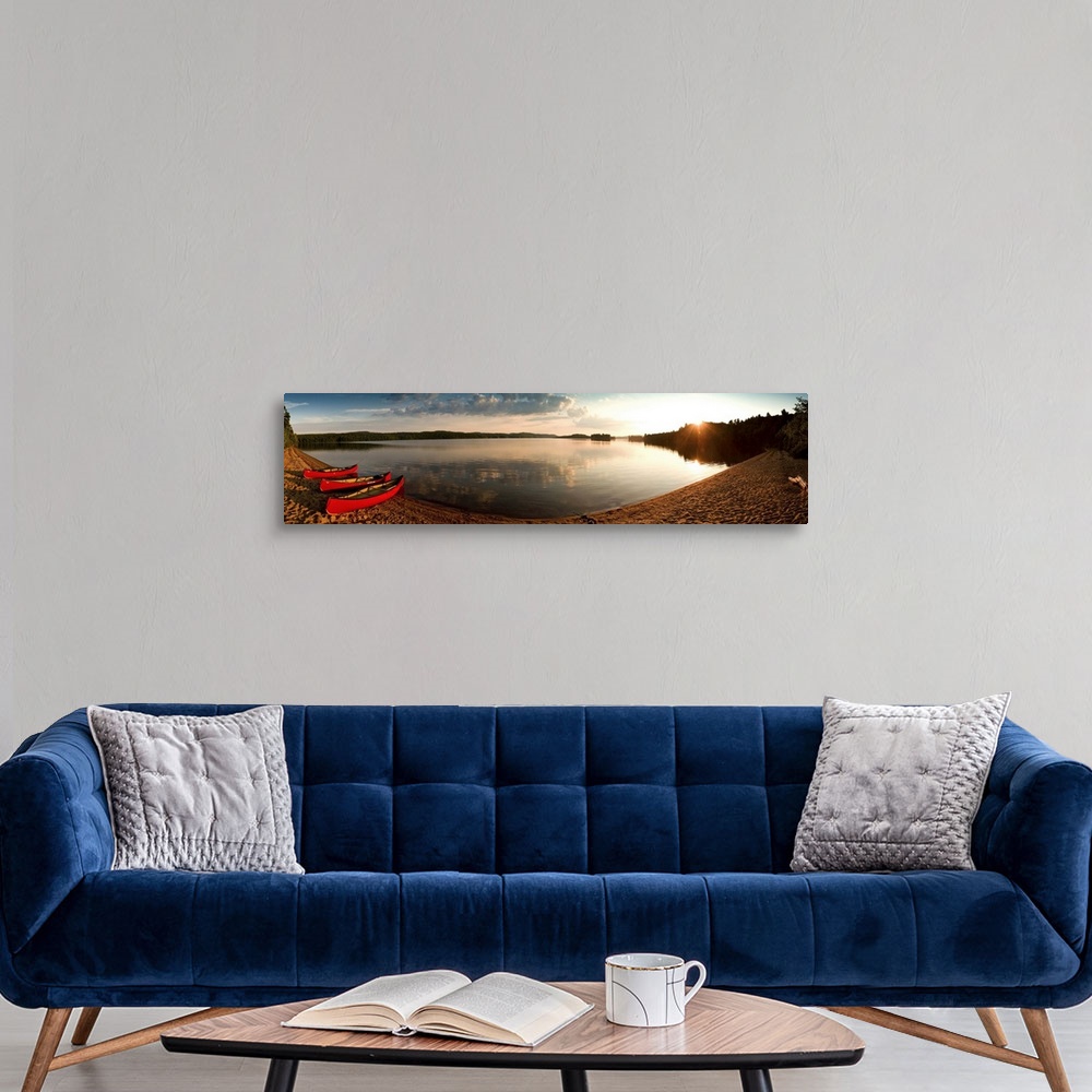 A modern room featuring Sunset Algonquin national park with canoes at lake shore large format panoramic