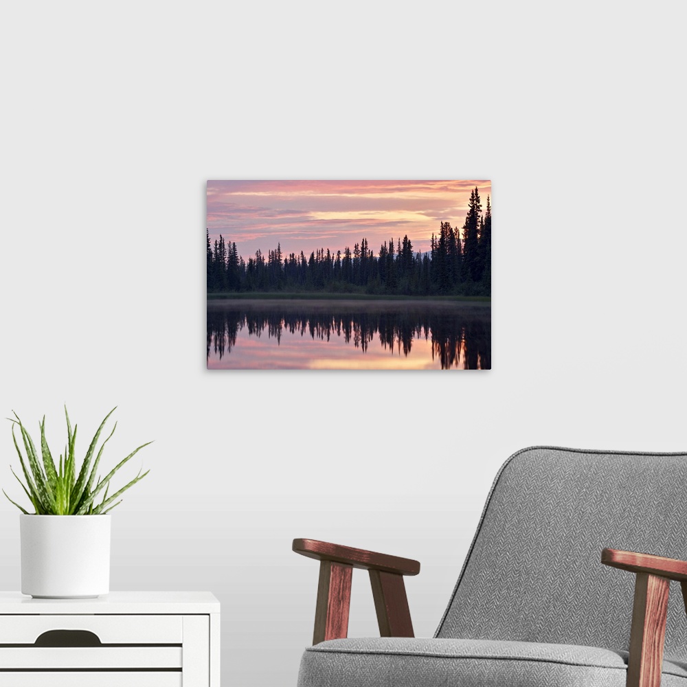 A modern room featuring Sunset at an unnamed lake near Salmo Lake, Alaska Highway, Yukon Territory, Canada