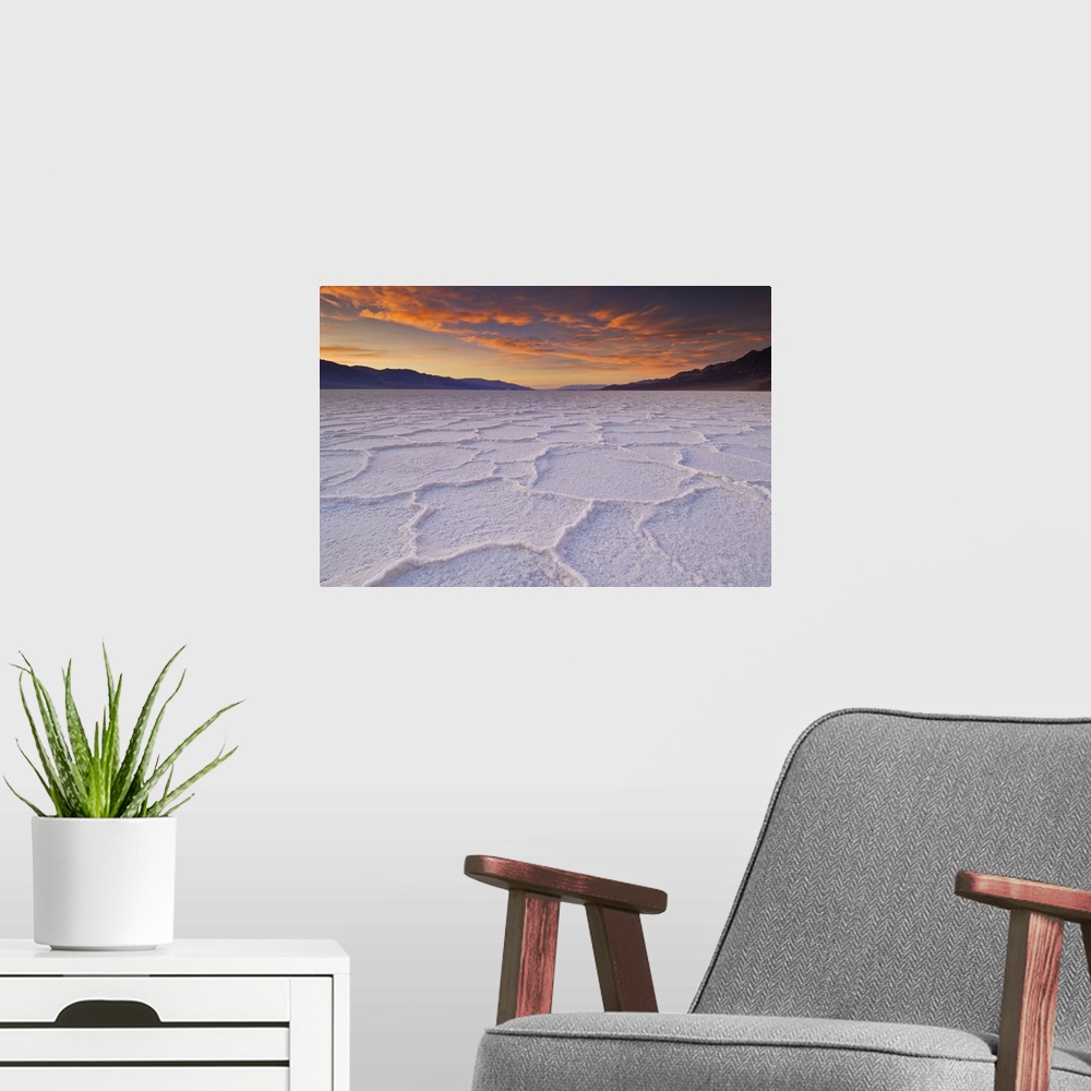 A modern room featuring Sunset at the Salt pan polygons, Badwater Basin, 282ft below sea level and the lowest place in No...