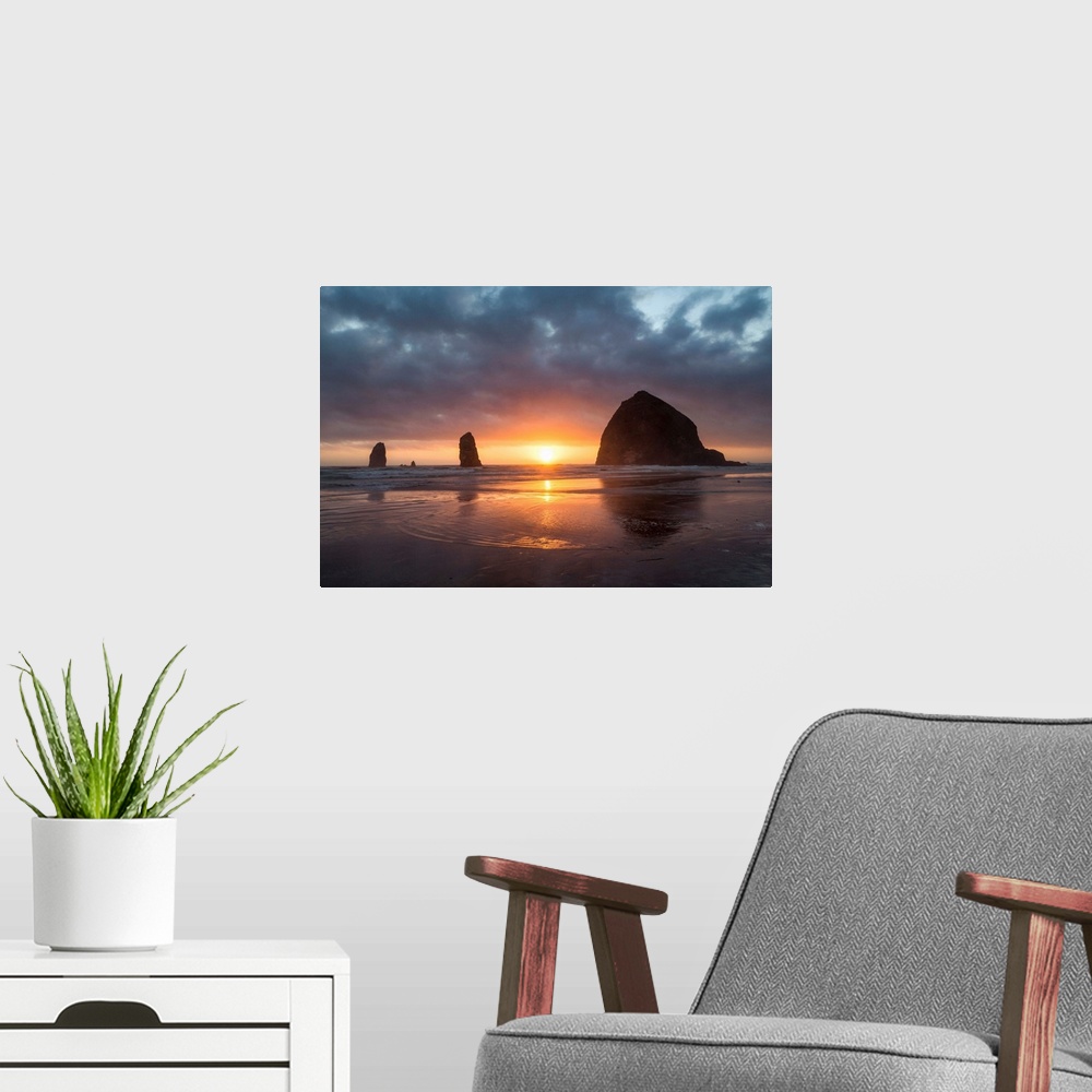 A modern room featuring Sunset behind Haystack Rock at Cannon Beach on the Pacific Northwest coast, Oregon