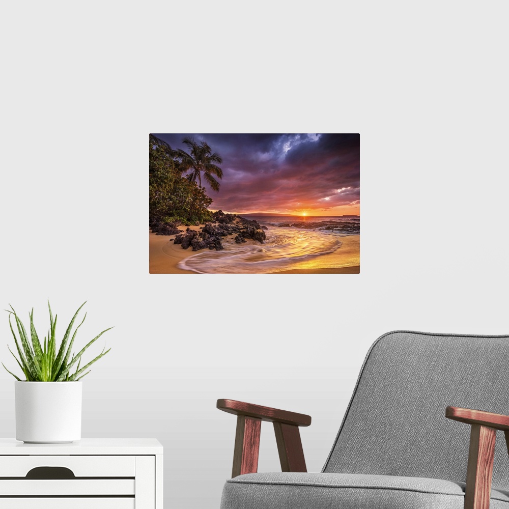 A modern room featuring Sunset on the ocean at Pa'ako Beach (Secret Cove), Maui, Hawaii, United States of America, Pacific