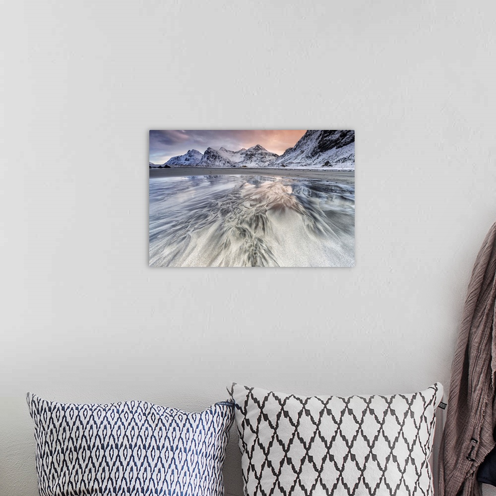 A bohemian room featuring Sunset on the surreal Skagsanden beach surrounded by snow covered mountains, Flakstad, Lofoten Is...