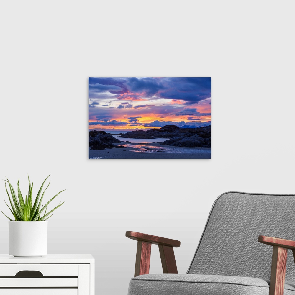 A modern room featuring Sunset over Ardtoe Bay, Ardnamurchan Peninsula, Lochaber, Highlands, Scotland, United Kingdom, Eu...