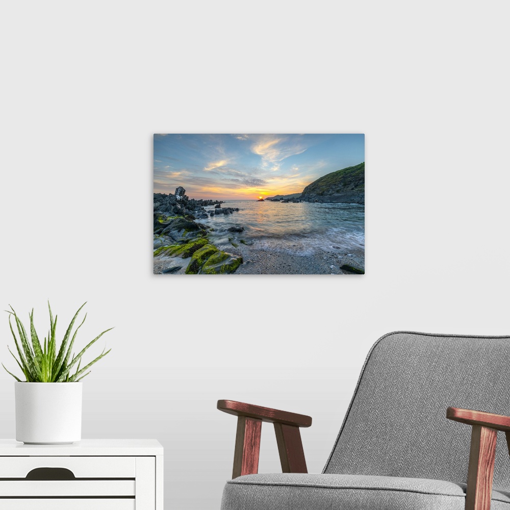 A modern room featuring Sunset over Atlantic, Combesgate Beach, Woolacombe, Devon, England, United Kingdom, Europe