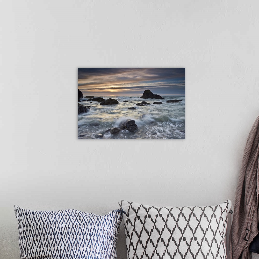 A bohemian room featuring Sunset over sea stacks and surf, Ecola State Park, Oregon, United States of America, North America