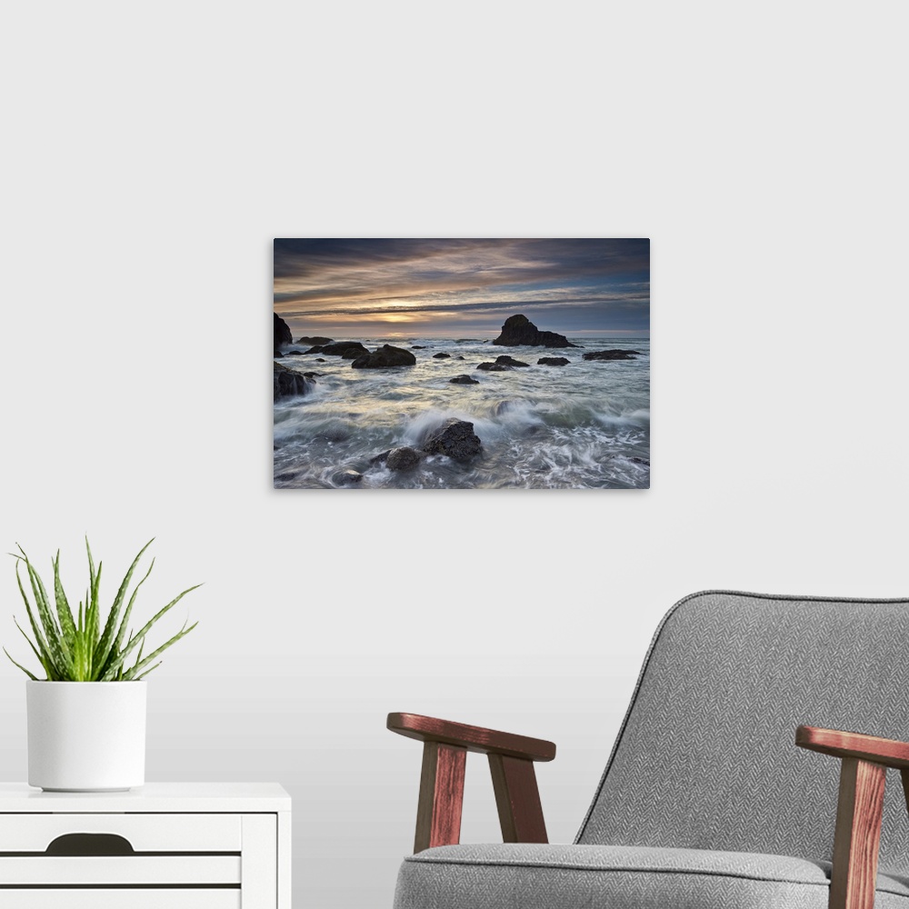 A modern room featuring Sunset over sea stacks and surf, Ecola State Park, Oregon, United States of America, North America