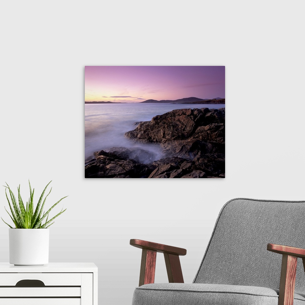 A modern room featuring Sunset over Sound of Taransay, west coast of South Harris, Outer Hebrides, Scotland