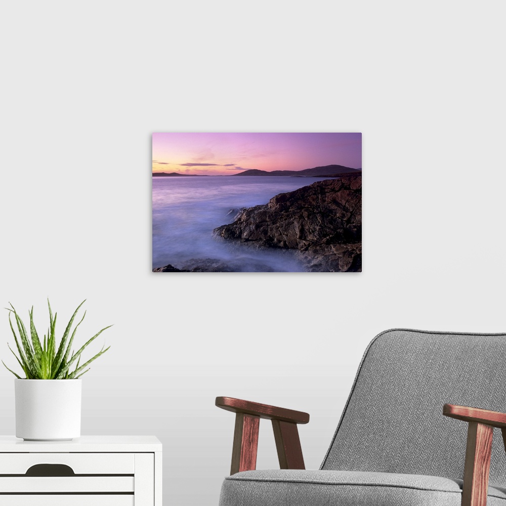 A modern room featuring Sunset over Sound of Taransay, west coast of South Harris, Outer Hebrides, Scotland