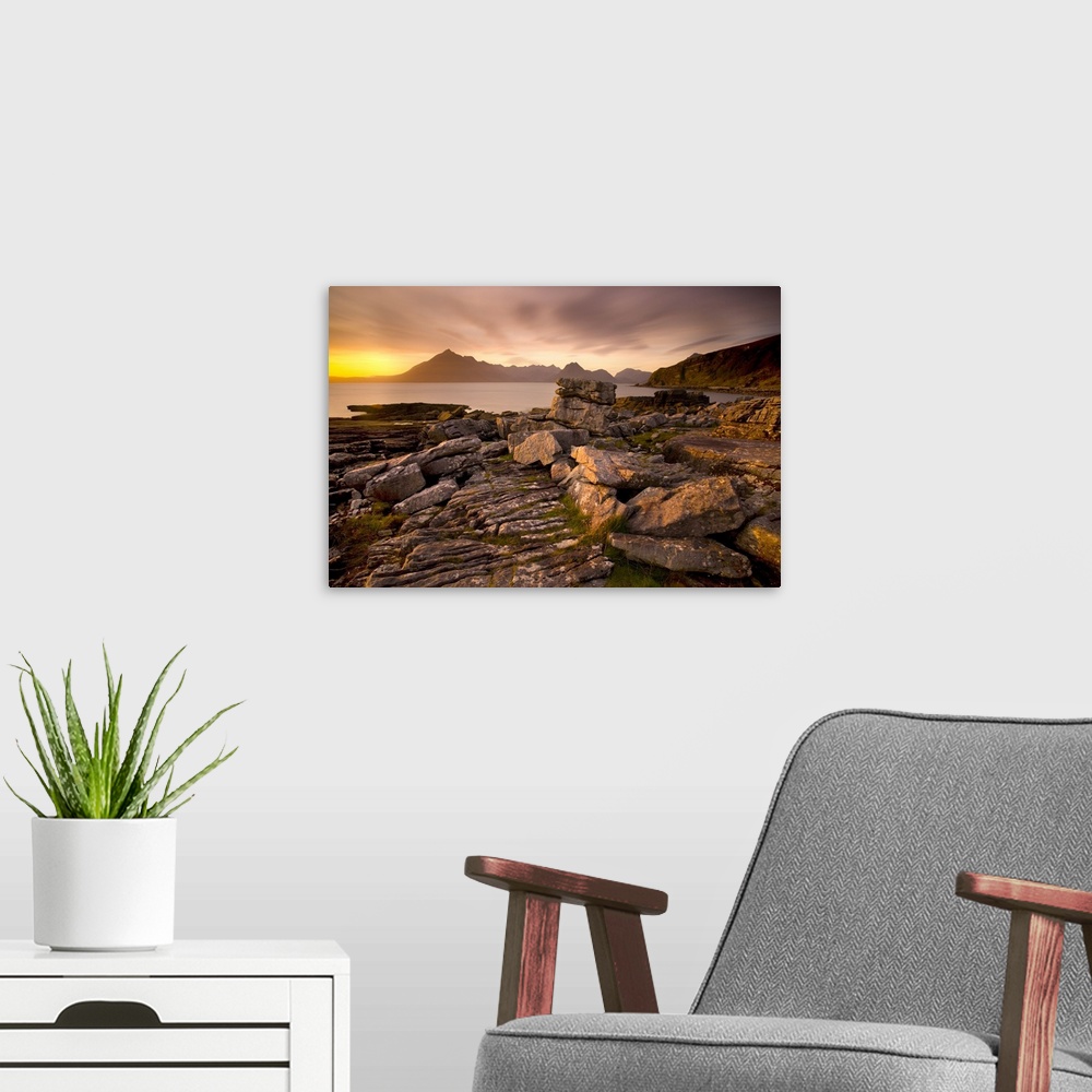 A modern room featuring Sunset over the Cuillin Hills from Elgol, Isle of Skye, Highland, Scotland