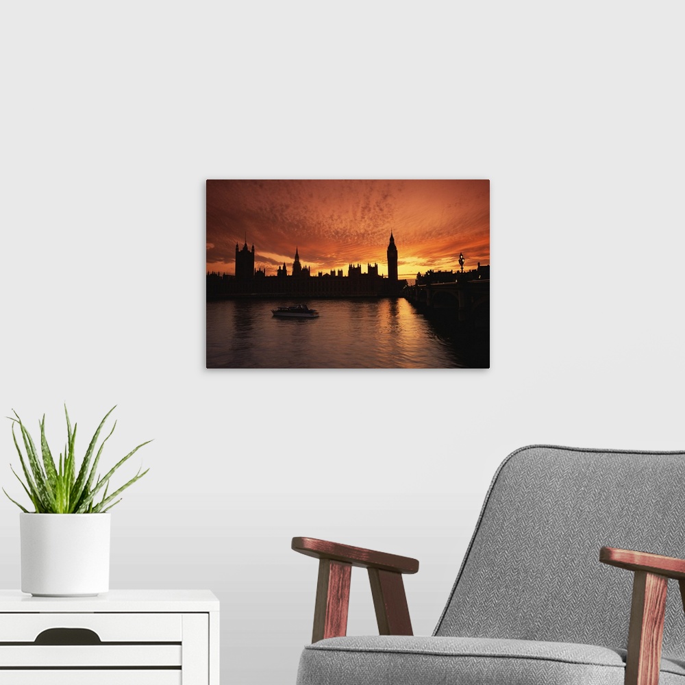 A modern room featuring Sunset over the Houses of Parliament, London, England
